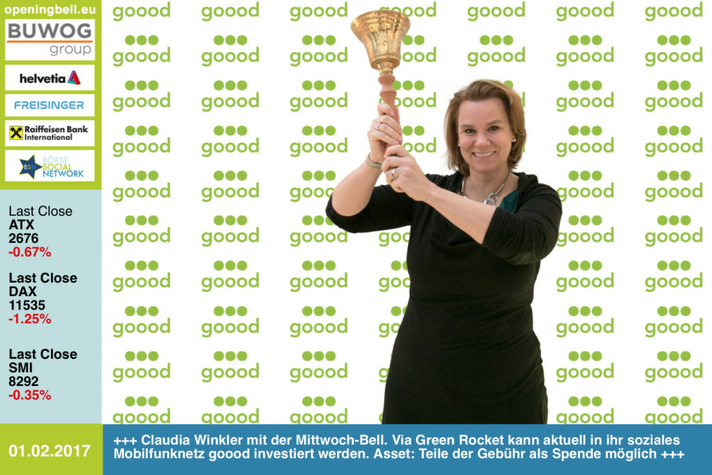 #openingbell am 1.2.: Claudia Winkler läutet die Opening Bell für Mittwoch. Via Green Rocket kann aktuell in ihr soziales Mobilfunknetz goood investiert werden. Asset: Teile der Gebühr als Spende möglich www.goood.de/facebook.com/gooodmobile https://www.greenrocket.com/goood https://www.facebook.com/groups/GeldanlageNetwork/