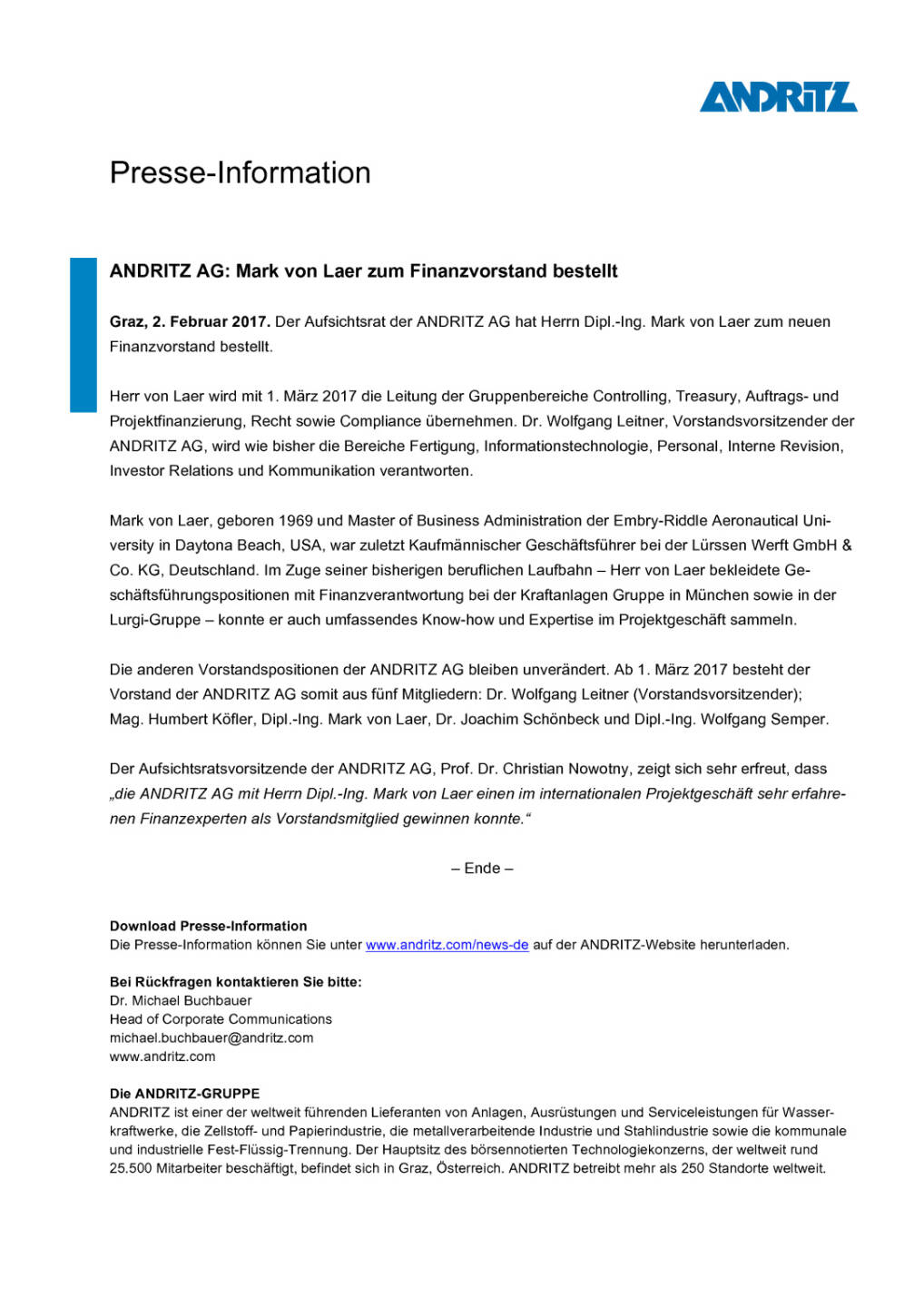 Andritz: Mark von Laer zum Finanzvorstand bestellt, Seite 1/1, komplettes Dokument unter http://boerse-social.com/static/uploads/file_2095_andritz_mark_von_laer_zum_finanzvorstand_bestellt.pdf