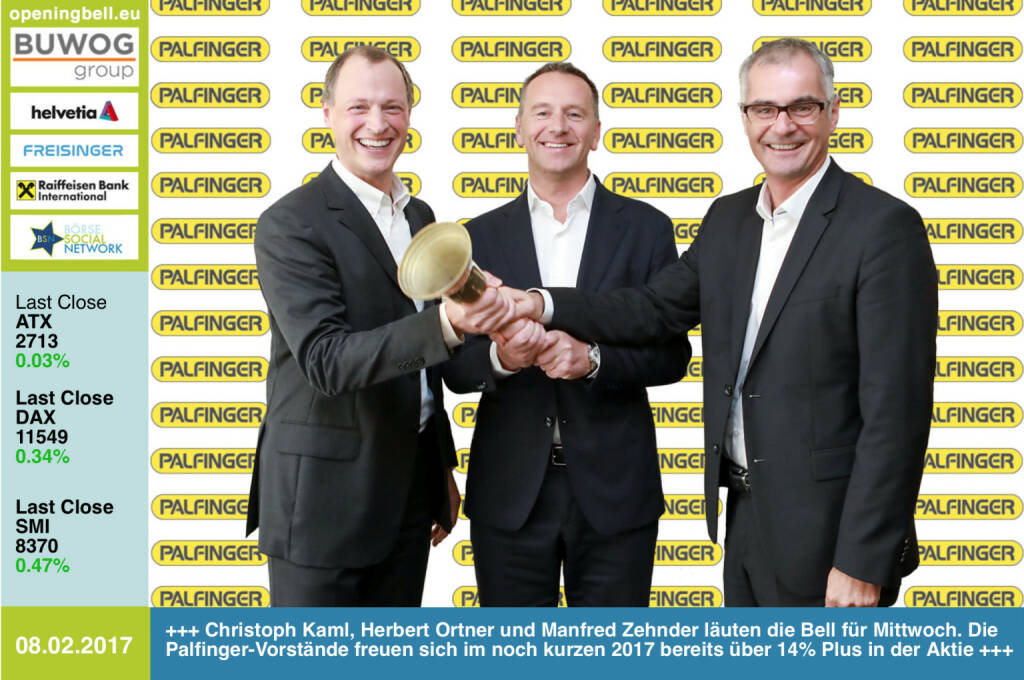 #openingbell am 8.2.: Christoph Kaml, Herbert Ortner und Manfred Zehnder läuten die Opening Bell für Mittwoch. Die Palfinger-Vorstände lieferten gestern Rekordzahlen und freuen sich im noch kurzen 2017 bereits über 14% Plus in der Aktie http://www.palfinger.com https://www.facebook.com/groups/GeldanlageNetwork/ (08.02.2017) 