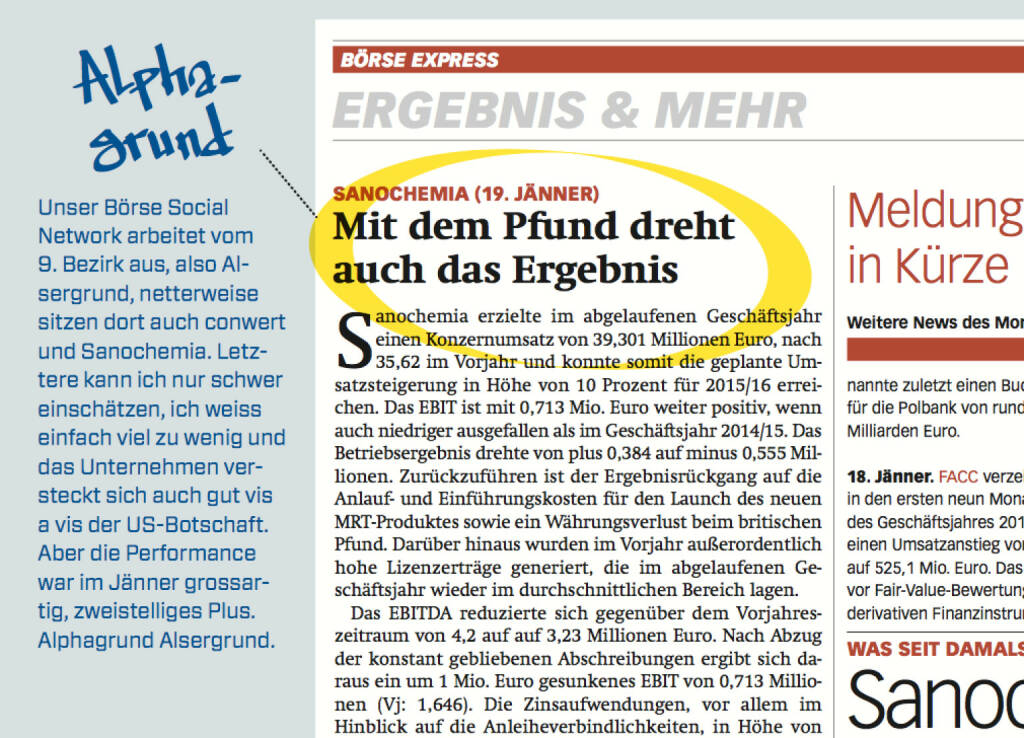 Kooperation mit Robert Gillinger, Börse Express . BSN ping-pongt mit BE - Sanochemia (08.02.2017) 