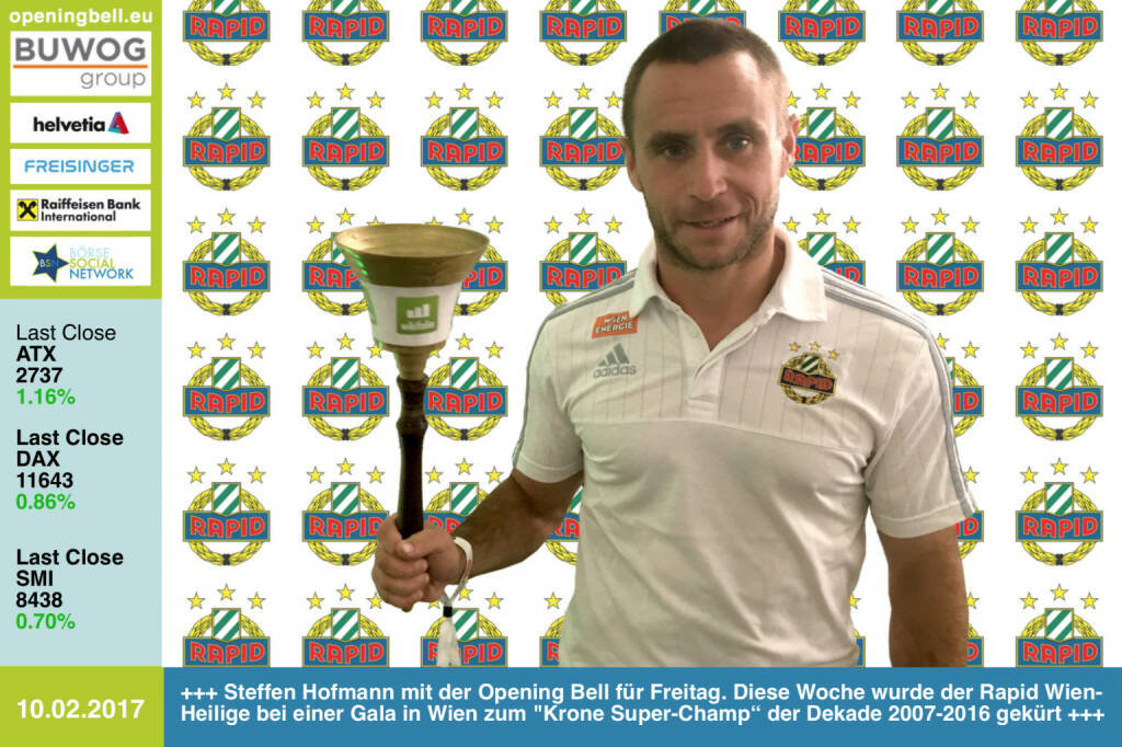 #openingbell am 10.2.: Steffen Hofmann mit der Opening Bell für Freitag. Diese Woche wurde der Rapid Wien-Heilige bei einer Gala in Wien zum Krone Super-Champ“ der Dekade 2007-2016 gekürt http://www.skrapid.at https://www.facebook.com/groups/Sportsblogged  (10.02.2017) 