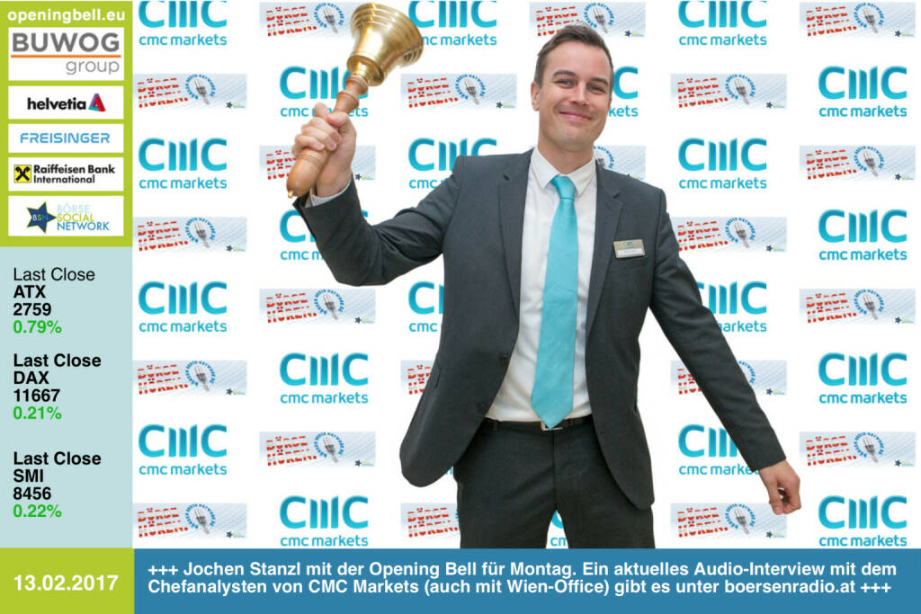 #openingbell am 13.2.: Jochen Stanzl mit der Opening Bell für Montag. Ein aktuelles Audio-Interview mit dem Chefanalysten von CMC Markets (auch mit Wien-Office https://www.cmcmarkets.com/de-at/) gibt es unter http://www.boersenradio.at  https://www.facebook.com/groups/GeldanlageNetwork/ (13.02.2017) 