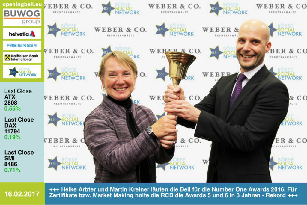 #openingbell am 16.2.:  Heike Arbter und Martin Kreiner läuten die Opening Bell für Donnerstag und für die Number One Awards 2016. Für Zertifikate bzw. Market Making holte die RCB die Awards ihre Nr. 5 und 6 in 3 Jahren - Rekord +++ http://boerse-social.com/numberone/2016 http://www.rcb.at http://www.weber.co.at/ - mehr zu den Number One Awards auf 17 Seiten im 100-seitigen Printprodukt Börse Social Magazine http://www.boerse-social.com/abo (16.02.2017) 