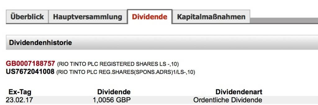 Indexevent Rosinger-Index 19: Rio Tinto-Dividende
23.2.
Dividende 1,0056 GBP (1,1847 Eur)
-> Erhöhung Stückzahl um 2,75 Prozent (23.02.2017) 