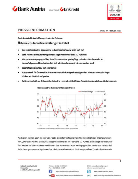 Bank Austria EinkaufsManagerIndex im Februar: Österreichs Industrie weiter gut in Fahrt, Seite 1/4, komplettes Dokument unter http://boerse-social.com/static/uploads/file_2129_bank_austria_einkaufsmanagerindex_im_februar_osterreichs_industrie_weiter_gut_in_fahrt.pdf (27.02.2017) 