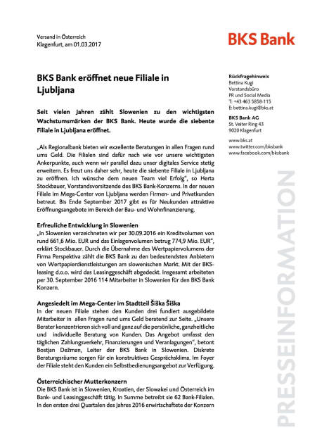 BKS Bank eröffnet neue Filiale in Ljubljana, Seite 1/2, komplettes Dokument unter http://boerse-social.com/static/uploads/file_2134_bks_bank_eroffnet_neue_filiale_in_ljubljana.pdf (01.03.2017) 