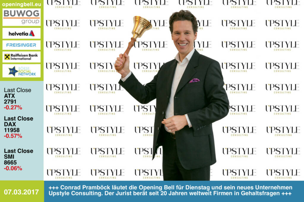 #openingbell am 7.3.: Conrad Pramböck läutet die Opening Bell für Dienstag und sein neues Unternehmen Upstyle Consulting. Der Jurist berät seit 20 Jahren weltweit Firmen in Gehaltsfragen https://www.facebook.com/groups/GeldanlageNetwork/ (07.03.2017) 