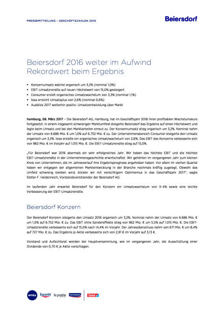Beiersdorf Geschäftszahlen 2016, Seite 1/4, komplettes Dokument unter http://boerse-social.com/static/uploads/file_2146_beiersdorf_geschaftszahlen_2016.pdf (08.03.2017) 