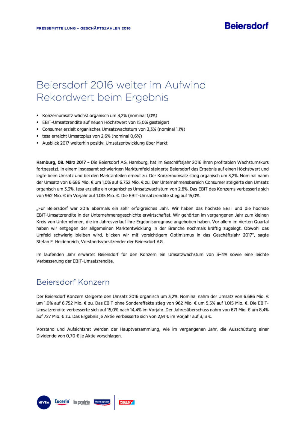 Beiersdorf Gesch&auml;ftszahlen 2016, Seite 1/4, komplettes Dokument unter http://boerse-social.com/static/uploads/file_2146_beiersdorf_geschaftszahlen_2016.pdf