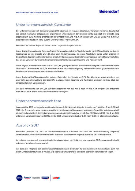 Beiersdorf Geschäftszahlen 2016, Seite 2/4, komplettes Dokument unter http://boerse-social.com/static/uploads/file_2146_beiersdorf_geschaftszahlen_2016.pdf (08.03.2017) 