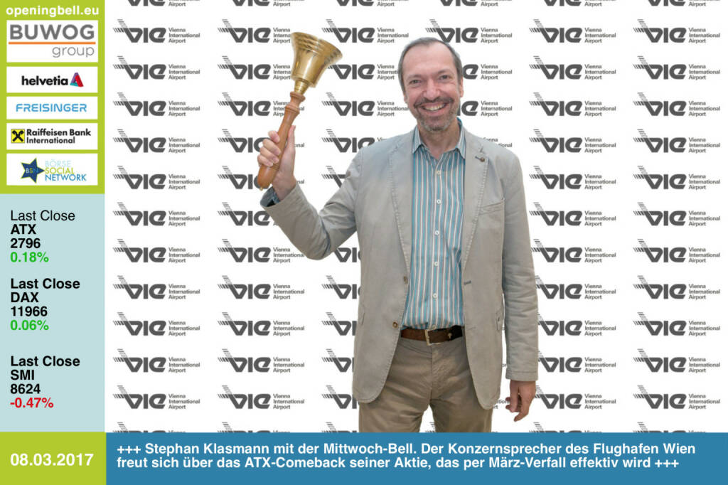 #openingbell am 8.3.: Stephan Klasmann läutet die Opening Bell für Mittwoch. Der Konzernsprecher des Flughafen Wien freut sich über das ATX-Comeback seiner Aktie, das per März-Verfall effektiv wird http://www.viennaairport.com https://www.facebook.com/groups/GeldanlageNetwork/ (08.03.2017) 