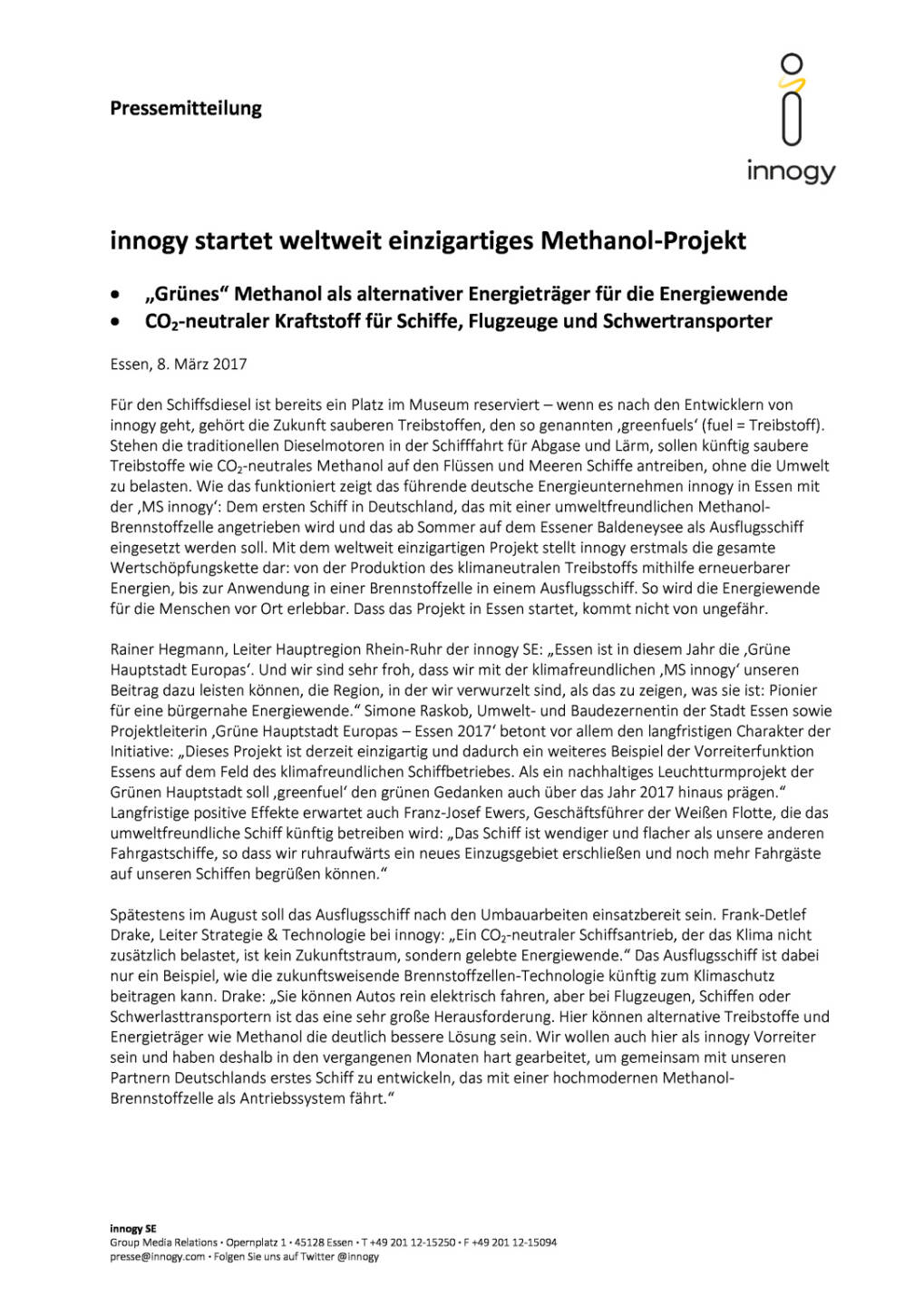 innogy startet weltweit einzigartiges Methanol-Projekt, Seite 1/2, komplettes Dokument unter http://boerse-social.com/static/uploads/file_2148_innogy_startet_weltweit_einzigartiges_methanol-projekt.pdf
