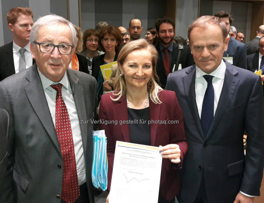 UEAPME-Präsidentin und WKÖ-Vizepräsidentin Rabmer-Koller mit Kommissionspräsident Juncker und Ratspräsident Tusk - Wirtschaftskammer Österreich: Rabmer-Koller: Erholung der KMU in Europa setzt sich fort, aber am Horizont ziehen Gewitterwolken auf (Fotocredit: UEAPME), © Aussender (08.03.2017) 