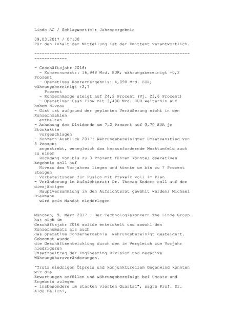 Linde: Jahresergebnis 2016, Seite 1/17, komplettes Dokument unter http://boerse-social.com/static/uploads/file_2152_linde_jahresergebnis_2016.pdf (09.03.2017) 