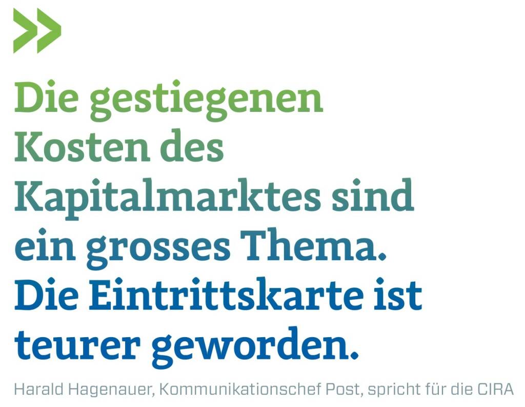 Die gestiegenen Kosten des Kapitalmarktes sind ein grosses Thema. Die Eintrittskarte ist teurer geworden.
Harald Hagenauer, Kommunikationschef Post, spricht für die CIRA, © photaq.com/Börse Social Magazine (12.03.2017) 