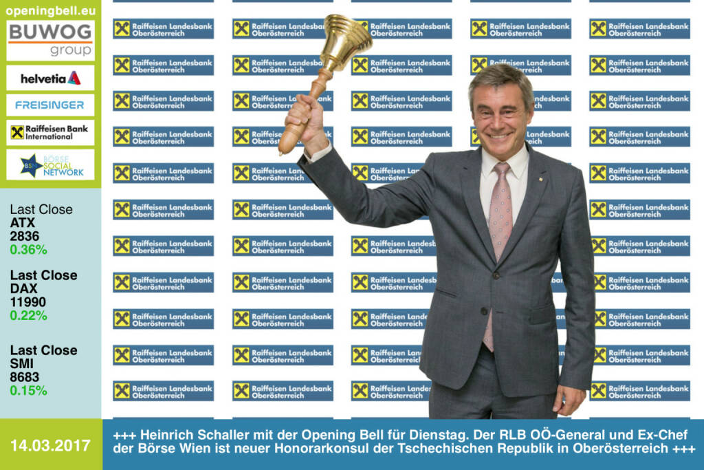 #openingbell am 14.3.: Heinrich Schaller mit der Opening Bell für Dienstag. Der RLB OÖ-Generaldirektor und Ex-Chef der Wiener Börse ist neuer Honorarkonsul der Tschechischen Republik in Oberösterreich http://www.rlbooe.at https://www.facebook.com/groups/GeldanlageNetwork/ (14.03.2017) 