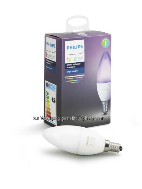 Die neue Philips Hue Kerze mit der E14 Fassung ist ab April im Handel und das in 2 Ausführungen: Als White & Color Ambiance oder als White Ambiance. - Philips Lighting Austria GmbH: Smarte Kerzenlichtstimmung: Zwei neue Philips Hue-Lampen mit E14-Fassung ab April erhältlich (Fotocredit: Philips Lighting) (17.03.2017) 