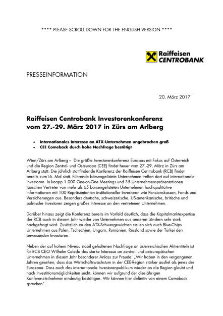 Raiffeisen Centrobank Investorenkonferenz vom 27.-29. März 2017 in Zürs am Arlberg, Seite 1/3, komplettes Dokument unter http://boerse-social.com/static/uploads/file_2168_raiffeisen_centrobank_investorenkonferenz_vom_27-29_marz_2017_in_zurs_am_arlberg.pdf (20.03.2017) 