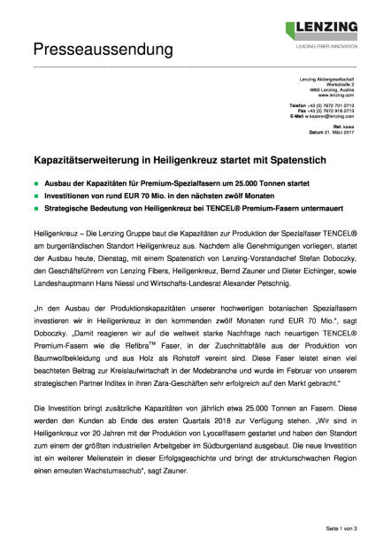 Lenzing: Kapazitätserweiterung in Heiligenkreuz startet mit Spatenstich, Seite 1/3, komplettes Dokument unter http://boerse-social.com/static/uploads/file_2171_lenzing_kapazitatserweiterung_in_heiligenkreuz_startet_mit_spatenstich.pdf (21.03.2017) 