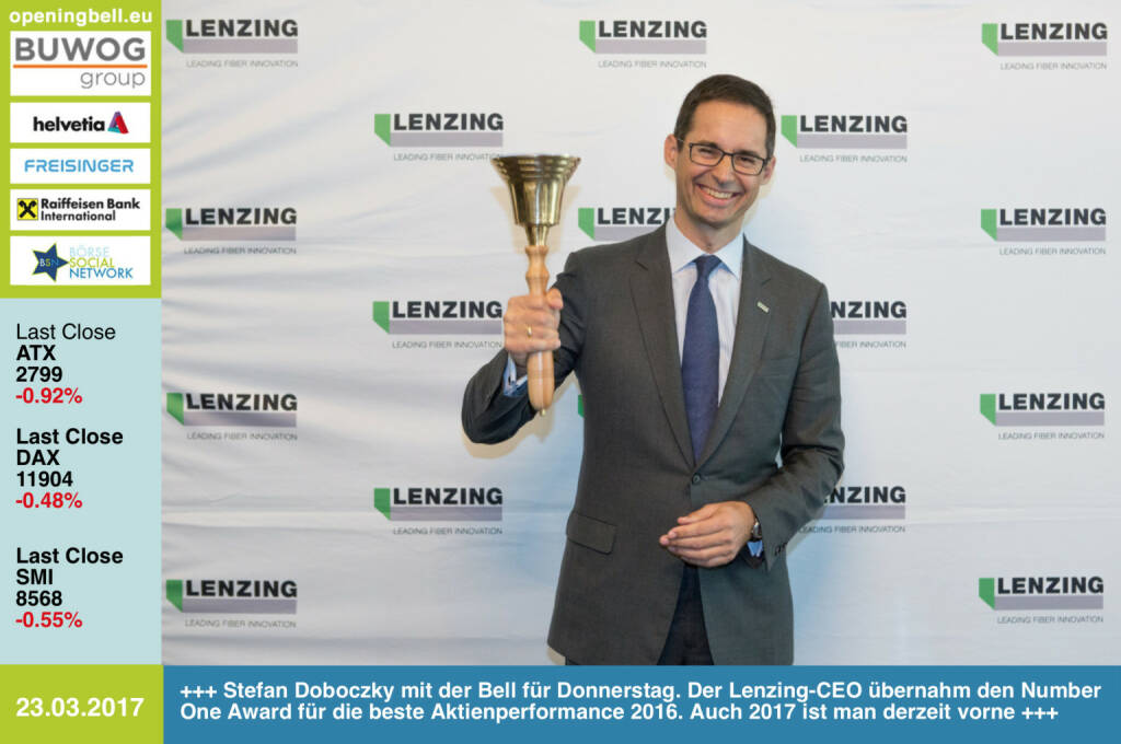 #openingbell am 23.3.:  Stefan Doboczky mit der Opening Bell für Donnerstag. Der Lenzing-CEO übernahm den Number One Award für die beste Aktienperformance 2016. Auch 2017 ist man derzeit vorne http://www.lenzing.com http://boerse-social.com/numberone/2016 http://www.weber.co.at/ https://www.facebook.com/groups/GeldanlageNetwork/ (23.03.2017) 