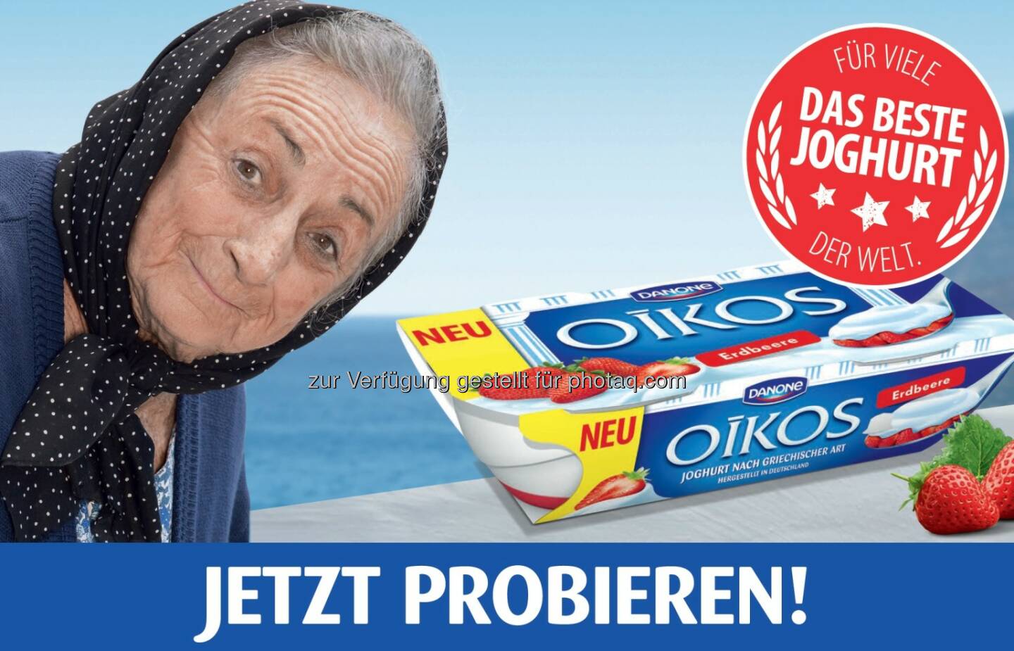 neue Markenbotschafterin von Oikos ist eine typisch griechische Oma - Danone Österreich GmbH: Markenrelaunch bei Oikos von Danone: Neue Sorte, Design und Markenbotschafterin (Fotocredit: Danone)