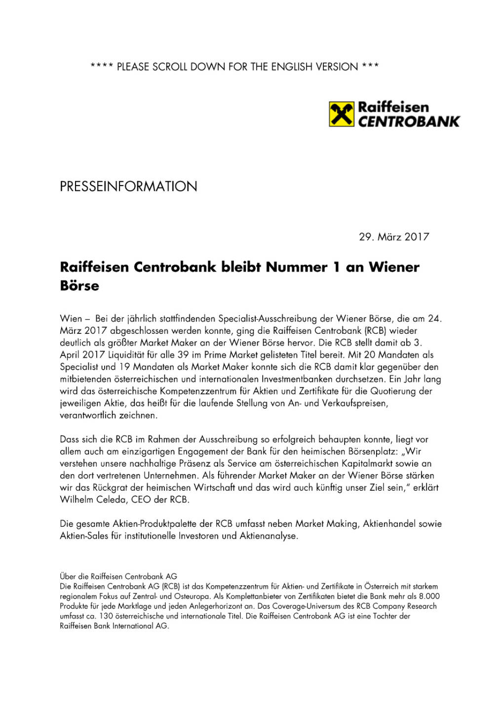 Raiffeisen Centrobank bleibt Nummer 1 an Wiener Börse, Seite 1/2, komplettes Dokument unter http://boerse-social.com/static/uploads/file_2184_raiffeisen_centrobank_bleibt_nummer_1_an_wiener_borse.pdf