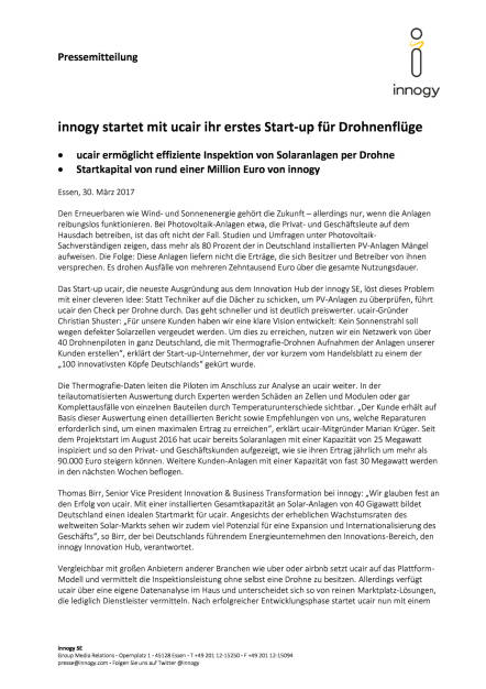 innogy startet mit ucair ihr erstes Start-up für Drohnenflüge, Seite 1/2, komplettes Dokument unter http://boerse-social.com/static/uploads/file_2189_innogy_startet_mit_ucair_ihr_erstes_start-up_fur_drohnenfluge.pdf (30.03.2017) 
