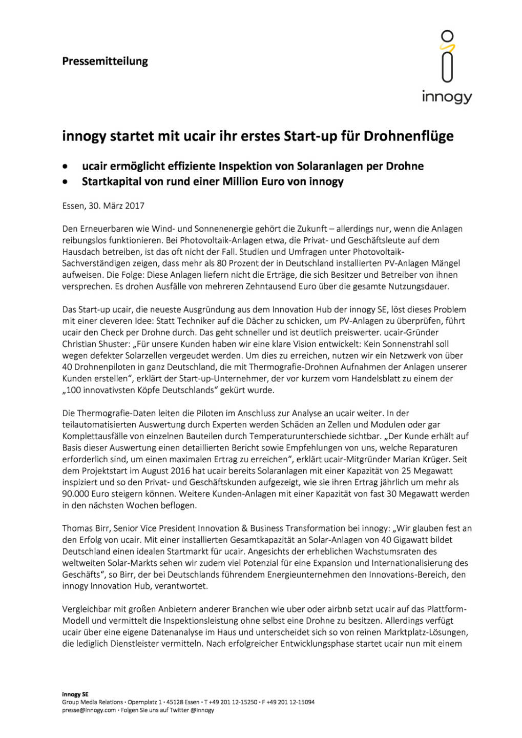 innogy startet mit ucair ihr erstes Start-up für Drohnenflüge, Seite 1/2, komplettes Dokument unter http://boerse-social.com/static/uploads/file_2189_innogy_startet_mit_ucair_ihr_erstes_start-up_fur_drohnenfluge.pdf