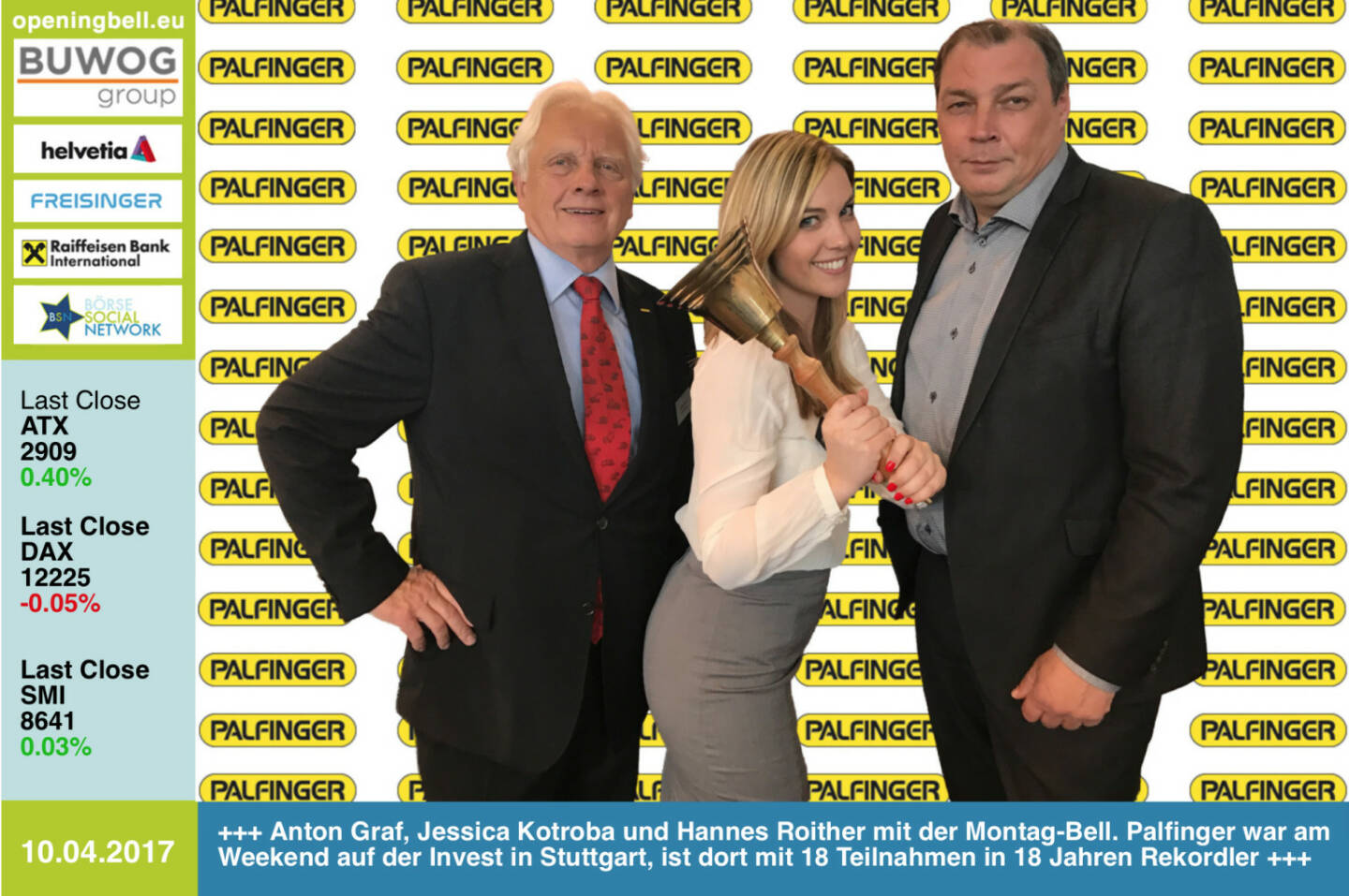 #openingbell am 10.4.: Anton Graf, Jessica Kotroba und Hannes Roither mit der Opening Bell für Montag. Palfinger war am Weekend auf der Invest in Stuttgart und ist dort mit 18 Teilnahmen in 18 Jahren Rekordhalter http://www.palfinger.com https://www.facebook.com/groups/GeldanlageNetwork/ 