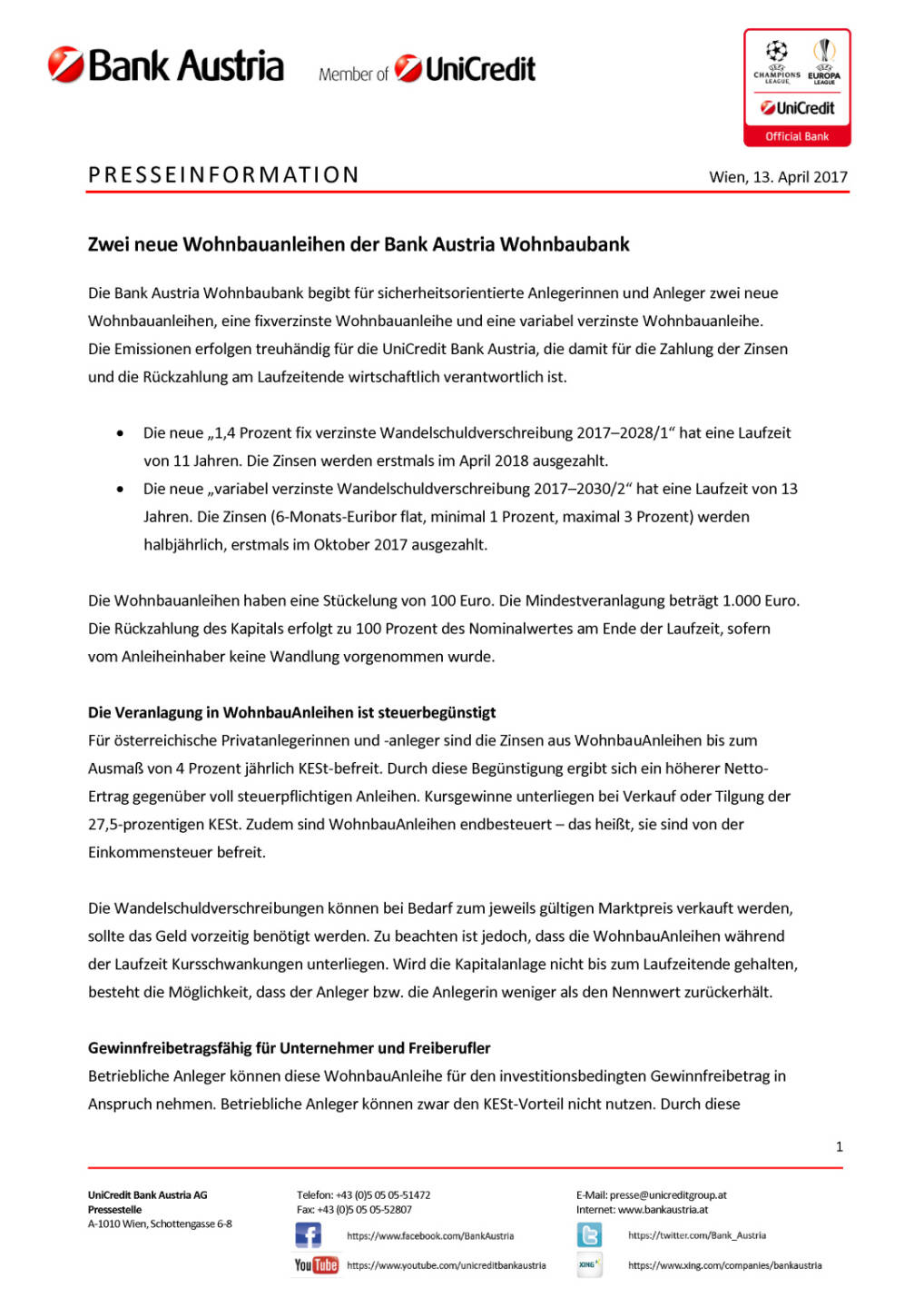 Zwei neue Wohnbauanleihen der Bank Austria Wohnbaubank, Seite 1/5, komplettes Dokument unter http://boerse-social.com/static/uploads/file_2209_zwei_neue_wohnbauanleihen_der_bank_austria_wohnbaubank.pdf