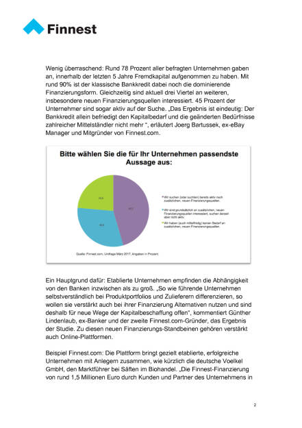 Umfrage: Mittelständler sehen viel Potenzial in Online- Finanzierungen, Seite 2/6, komplettes Dokument unter http://boerse-social.com/static/uploads/file_2220_umfrage_mittelstandler_sehen_viel_potenzial_in_online-_finanzierungen.pdf (25.04.2017) 