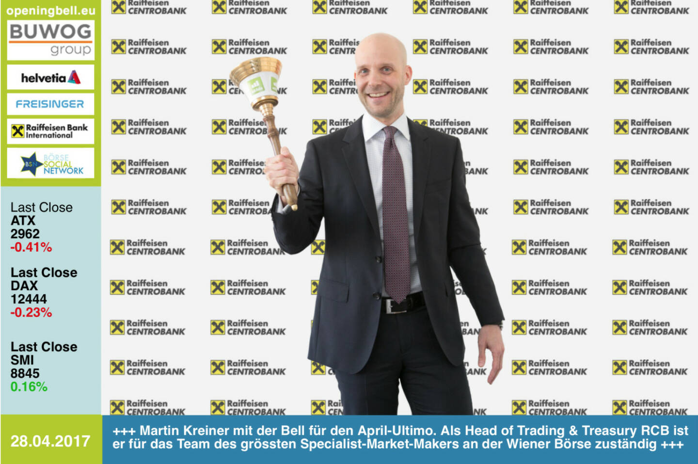 #openingbell am 28.4.: Martin Kreiner mit der Opening Bell für den April-Ultimo. Als Head of Trading & Treasury bei der RCB ist er für das Team des grössten Specialist-Market-Makers an der Wiener Börse zuständig http://www.rcb.at https://www.facebook.com/groups/GeldanlageNetwork/ 