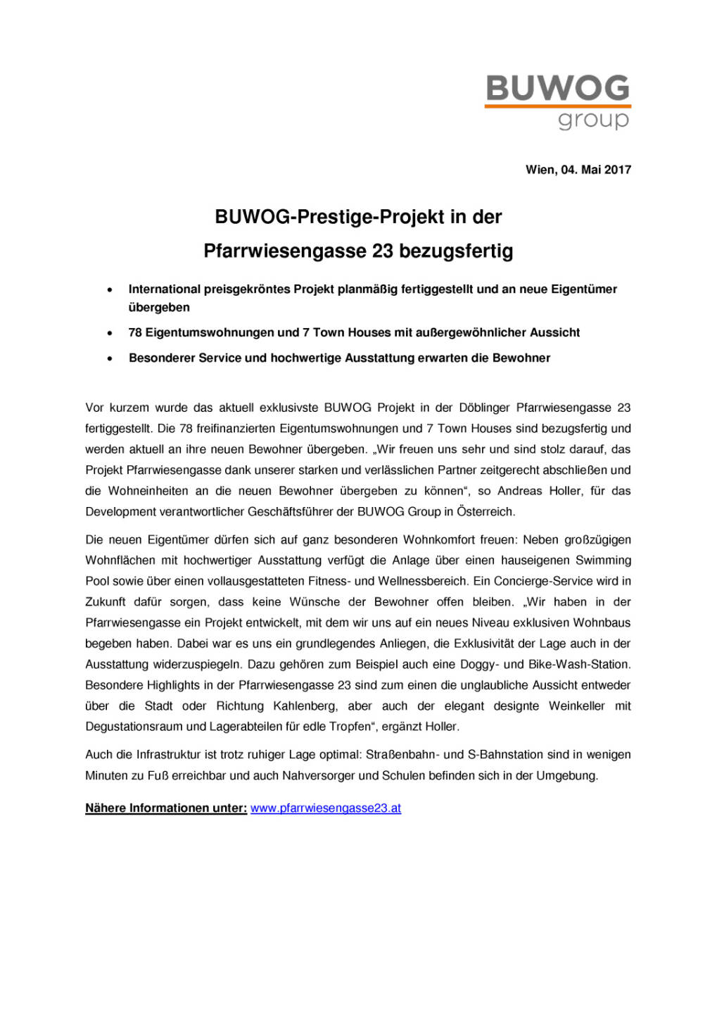 Buwog-Prestige-Projekt in der Pfarrwiesengasse 23 bezugsfertig, Seite 1/2, komplettes Dokument unter http://boerse-social.com/static/uploads/file_2238_buwog-prestige-projekt_in_der_pfarrwiesengasse_23_bezugsfertig.pdf