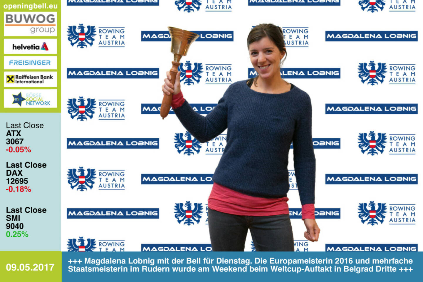 #openingbell am 9.5.: Magdalena Lobnig mit der Opening Bell für Dienstag. Die Europameisterin 2016 und mehrfache Staatsmeisterin im Rudern wurde am Weekend bei ihrem Weltcup-Auftakt 2017 in Belgrad Dritte .http://www.magdalenalobnig.at https://www.facebook.com/groups/Sportsblogged https://www.facebook.com/groups/GeldanlageNetwork/  