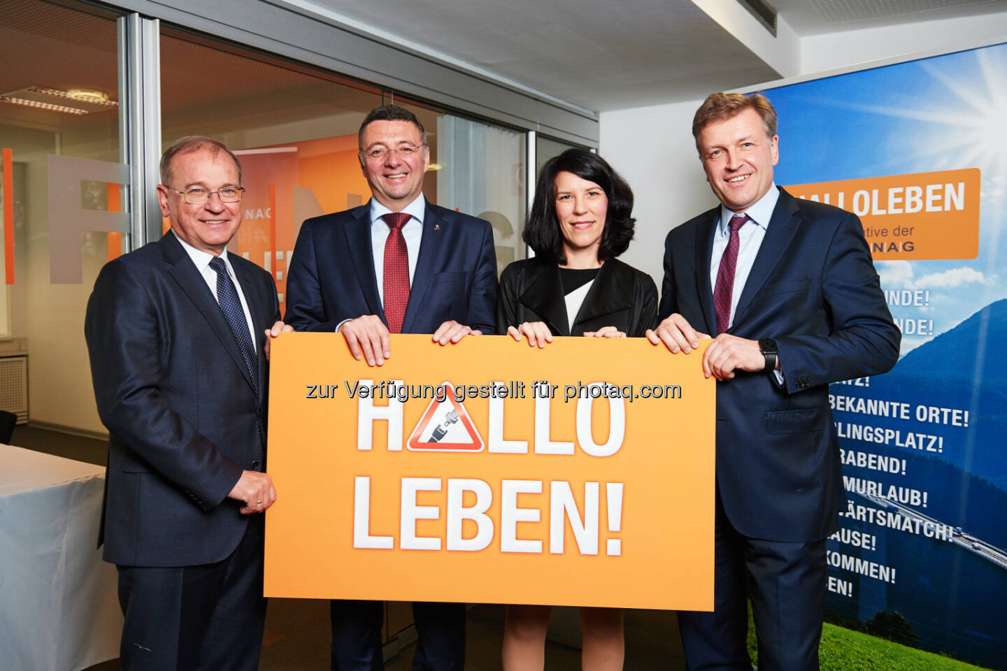 Alois Schedl (Asfinag), Verkehrsminister Jörg Leichtfried, Verkehrspsychologin Bettina Schützhofer, Klaus Schierhackl (Asfinag): Asfinag: „Hallo Leben“: Asfinag startet neue Initiative für mehr Sicherheit auf Österreichs Straßen (C) Asfinag