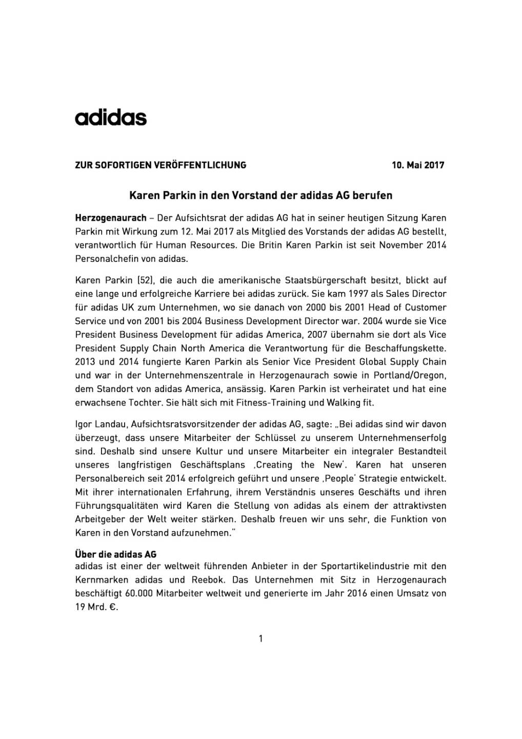 Karen Parkin in den Vorstand der adidas AG berufen, Seite 1/2, komplettes Dokument unter http://boerse-social.com/static/uploads/file_2245_karen_parkin_in_den_vorstand_der_adidas_ag_berufen.pdf