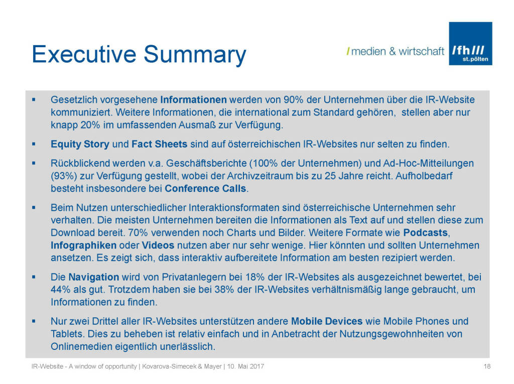 Summary - IR-Websites Studie, © Fachhochschule St. Pölten (11.05.2017) 