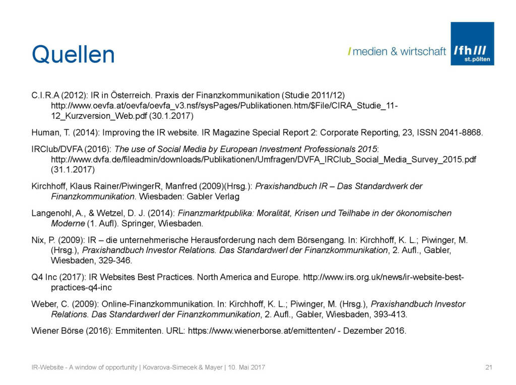 Quellen - IR-Websites Studie, © Fachhochschule St. Pölten (11.05.2017) 