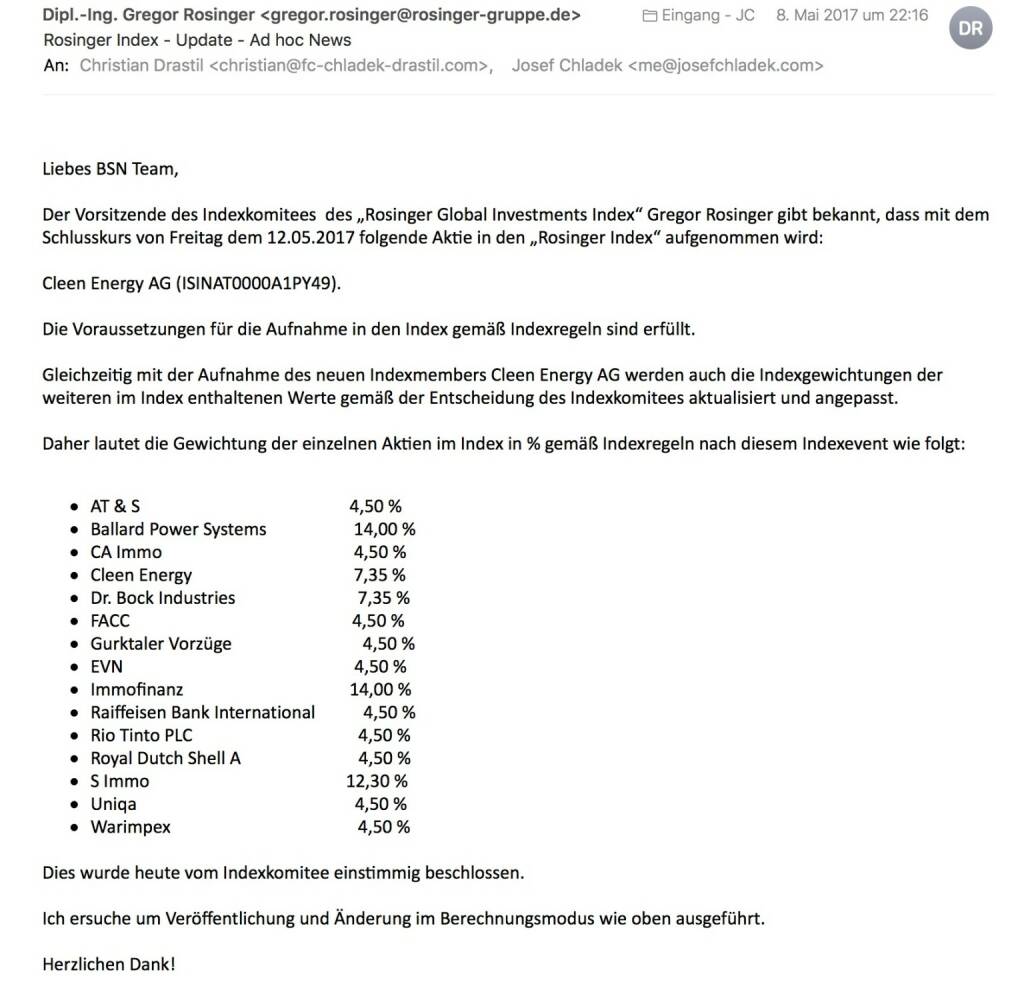 Indexevent Rosinger-Index 22: Aufnahme Cleen Energy per Schlusskurse 12.5.2017 (11.05.2017) 