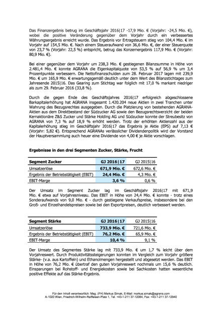 Agrana: Geschäftsjahr 2016/17, Seite 2/3, komplettes Dokument unter http://boerse-social.com/static/uploads/file_2250_agrana_geschaftsjahr_201617.pdf (12.05.2017) 