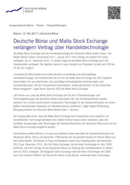 Deutsche Börse und Malta Stock Exchange verlängern Vertrag über Handelstechnologie, Seite 1/2, komplettes Dokument unter http://boerse-social.com/static/uploads/file_2251_deutsche_borse_und_malta_stock_exchange_verlangern_vertrag_uber_handelstechnologie.pdf (12.05.2017) 
