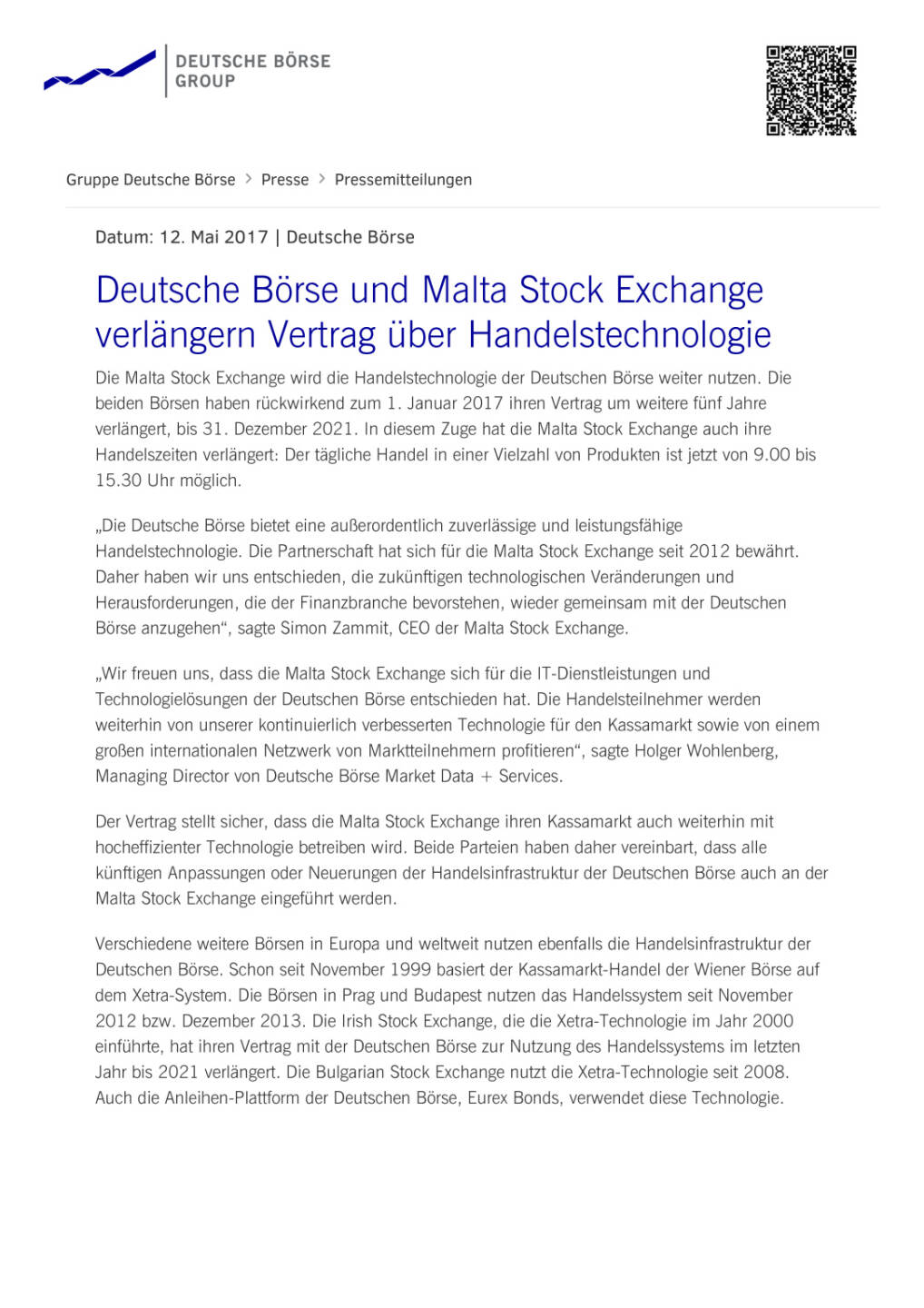 Deutsche B&ouml;rse und Malta Stock Exchange verl&auml;ngern Vertrag &uuml;ber Handelstechnologie, Seite 1/2, komplettes Dokument unter http://boerse-social.com/static/uploads/file_2251_deutsche_borse_und_malta_stock_exchange_verlangern_vertrag_uber_handelstechnologie.pdf