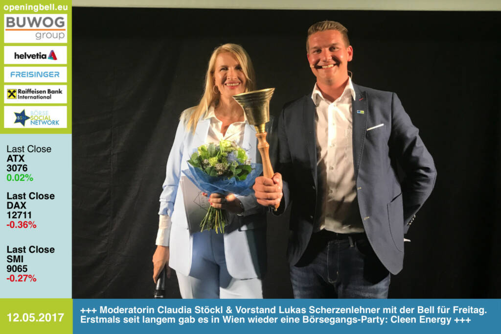 #openingbell am 12.5.: Moderatorin Claudia Stöckl und Vorstand Lukas Scherzenlehner mit der Opening Bell für Freitag. Erstmals seit langem gab es gestern in Wien wieder eine Börsegangs-Party: Cleen Energy http://www.cleen-energy.com https://www.facebook.com/groups/GeldanlageNetwork/   (12.05.2017) 