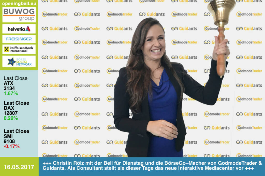 #openingbell am 16.5.: Christin Rölz mit der Opening Bell für Dienstag bzw. die BörseGo–Macher von GodmodeTrader und Guidants. Als Consultant stellt sie dieser Tage das neue interaktive Mediacenter vor https://www.boerse-go.de https://www.godmode-trader.de https://go.guidants.com https://www.facebook.com/groups/GeldanlageNetwork/   (16.05.2017) 