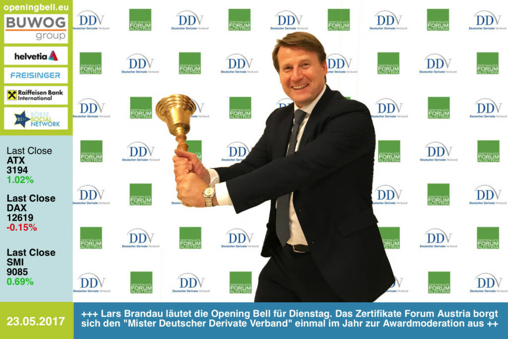 #openingbell am 23.5.: Lars Brandau läutet die Opening Bell für Dienstag. Das Zertifikate Forum Austria borgt sich den Mister Deutscher Derivate Verband einmal im Jahr zur Awardmoderation (Bilder http://www.photaq.com/page/index/3106/ )  aus https://www.derivateverband.de/ http://www.zertifikateforum.at https://www.facebook.com/groups/GeldanlageNetwork/ (23.05.2017) 