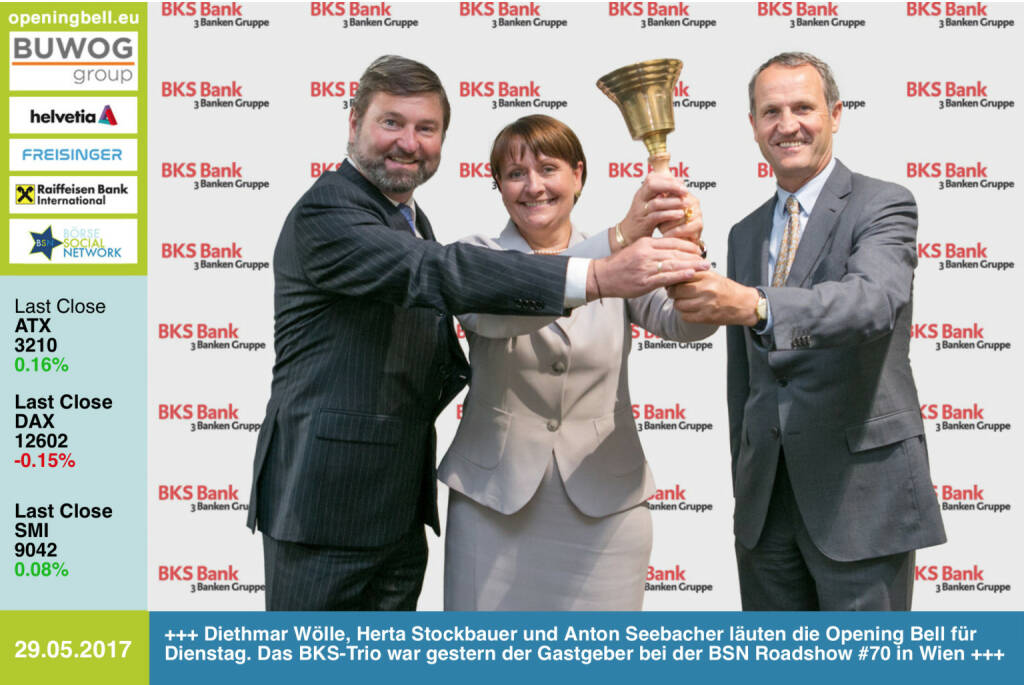 #openingbell am 30.5.: Diethmar Wölle, Herta Stockbauer und Anton Seebacher läuten die Opening Bell für Dienstag. Das BKS-Trio war gestern der Gastgeber bei der BSN Roadshow #70 in Wien http://www.bks.at http://www.boerse-social.com/roadshow https://www.facebook.com/groups/GeldanlageNetwork/ (30.05.2017) 