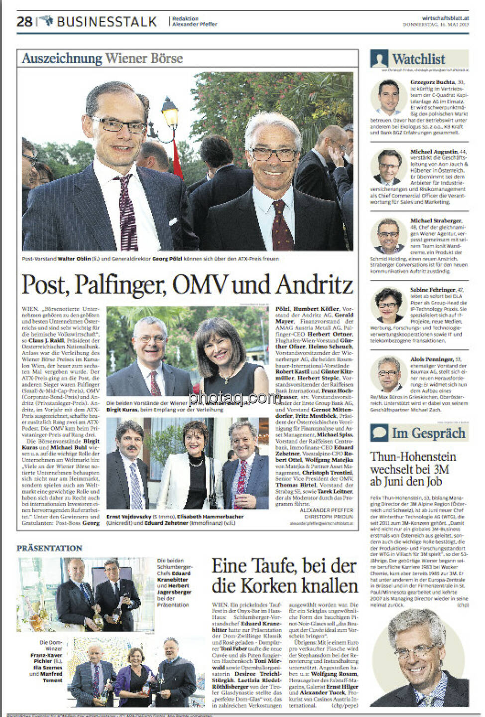 Freut uns: WirtschaftBlatt berichtet über den Wiener Börsepreis 2013, mit Bildern aus diesem Set von finanzmarktfoto.at