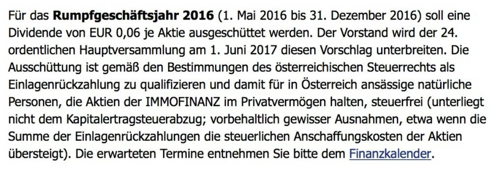 Indexevent Rosinger-Index 25: Immofinanz Dividende
2.6.
Dividende 0,06 EUR
-> Erhöhung Stückzahl um 2,90 Prozent (01.06.2017) 