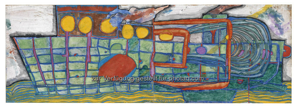 Friedensreich Hundertwasser, Das Postschiff kommt, 23 x 66 cm, erzielter Preis € 215.380, © Dorotheum  (17.05.2013) 