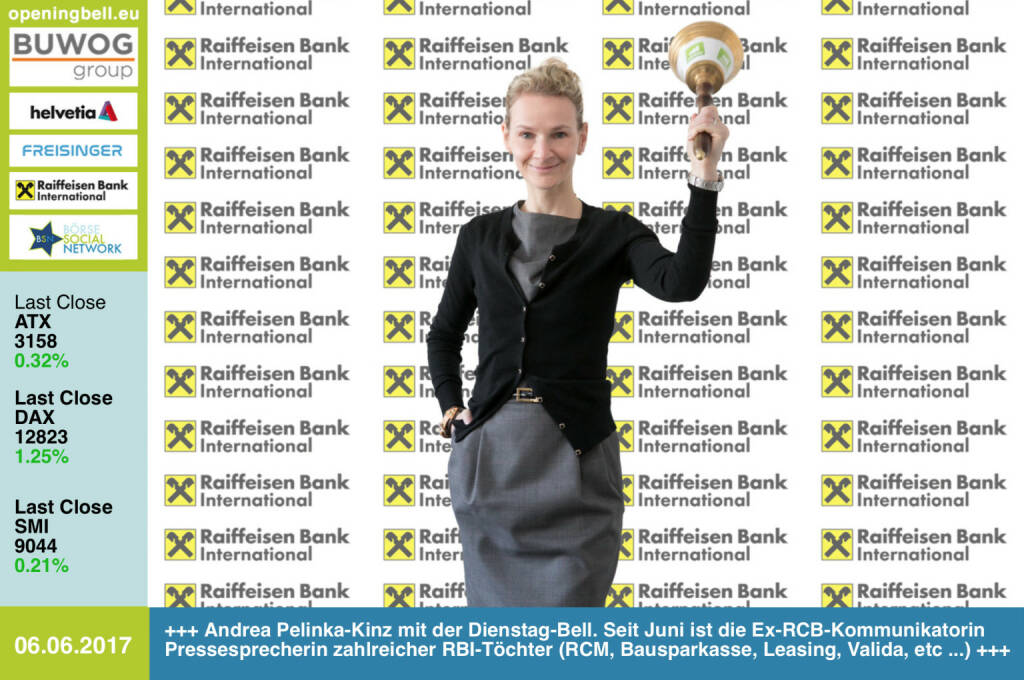 #openingbell am 6.6.: Andrea Pelinka-Kinz mit der Opening Bell für Dienstag. Seit Juni fungiert die Ex-RCB-Kommunikatorin als Pressesprecherin zahlreicher RBI-Töchter (Raiffeisen Capital Management, Raiffeisen Bausparkasse, Raiffeisen Leasing, Valida, Raiffeisen Factor Bank, Raiffeisen e-force, Raiffeisen Wohnbaubank) http://www.rbinternational.com https://www.facebook.com/groups/GeldanlageNetwork/ (06.06.2017) 